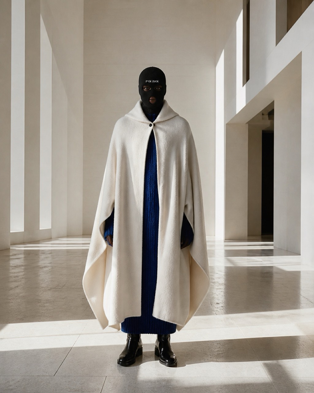 Model in the black FACECRIME three-hole balaclava under a cream wool cape in a daylit hall.