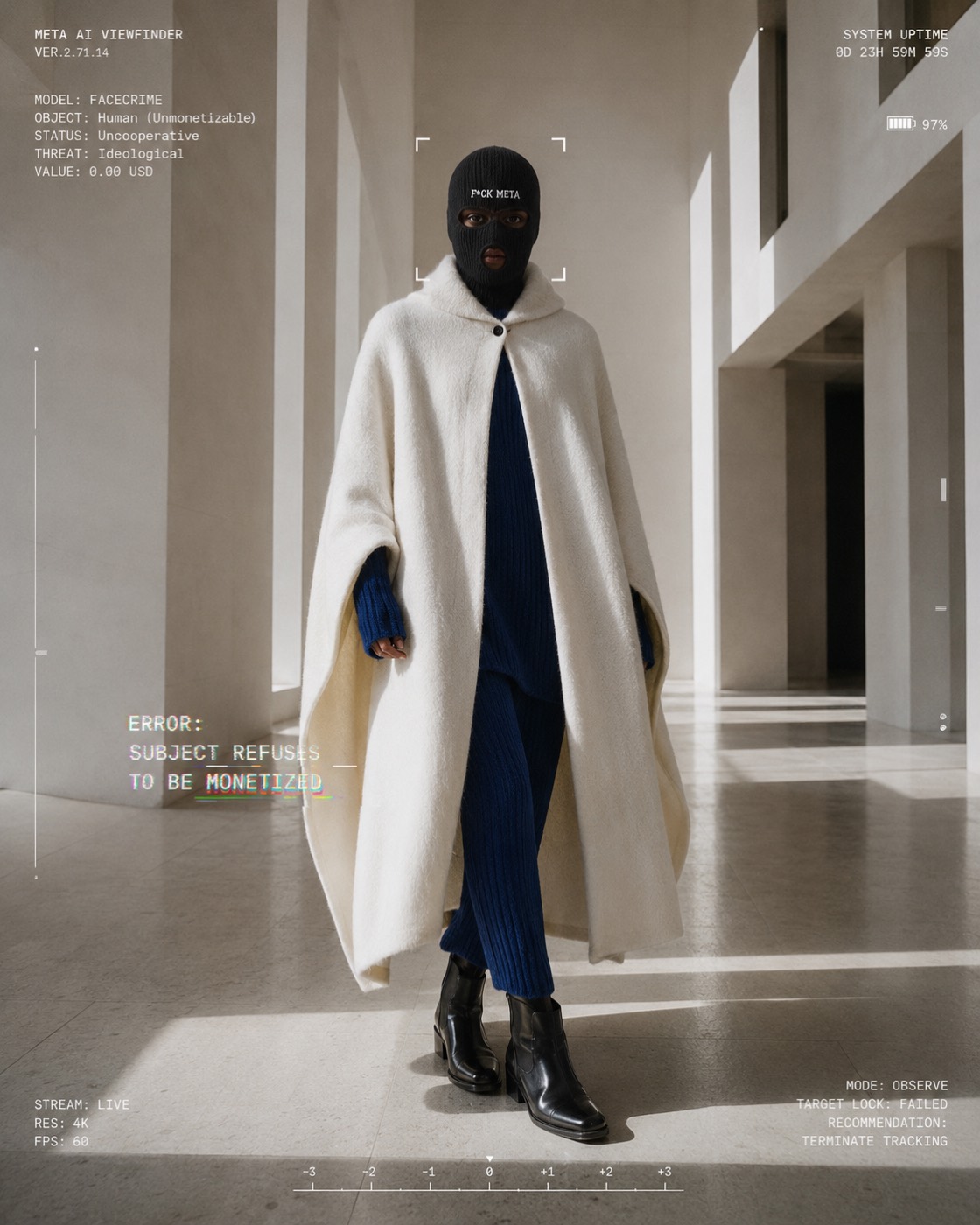 Surveillance-viewfinder mock-up: a model in the black F*CK META balaclava and cream cape, overlaid with the error “subject refuses to be monetized”.