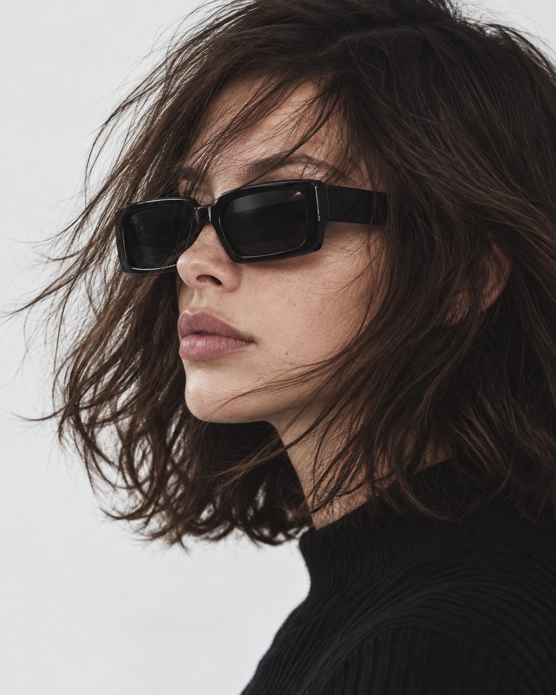 Model wearing black rectangular Dumb Glasses.